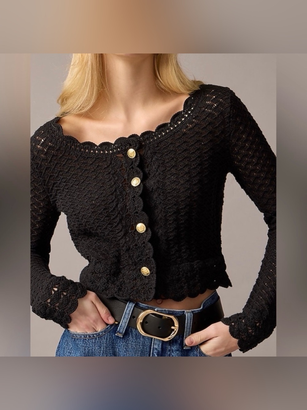 J crew collection black crochet cropped cardigan